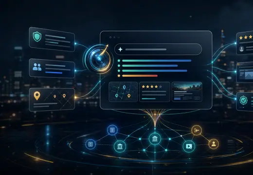 AI answer panel connected to trusted business evidence