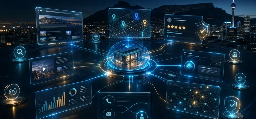 Business entity hub connected to maps, reviews, website, and AI answer surfaces
